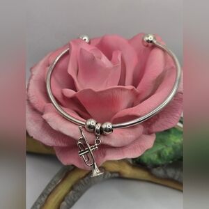Sterling Silver Trumpet Charm Bangle Bracelet